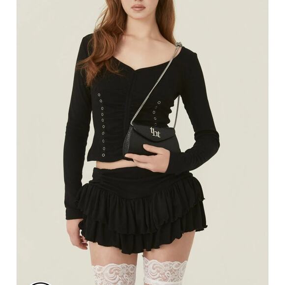 Three Times - Cinnamon Long Sleeve Eyelet Top in Black - Picture 5 of 5